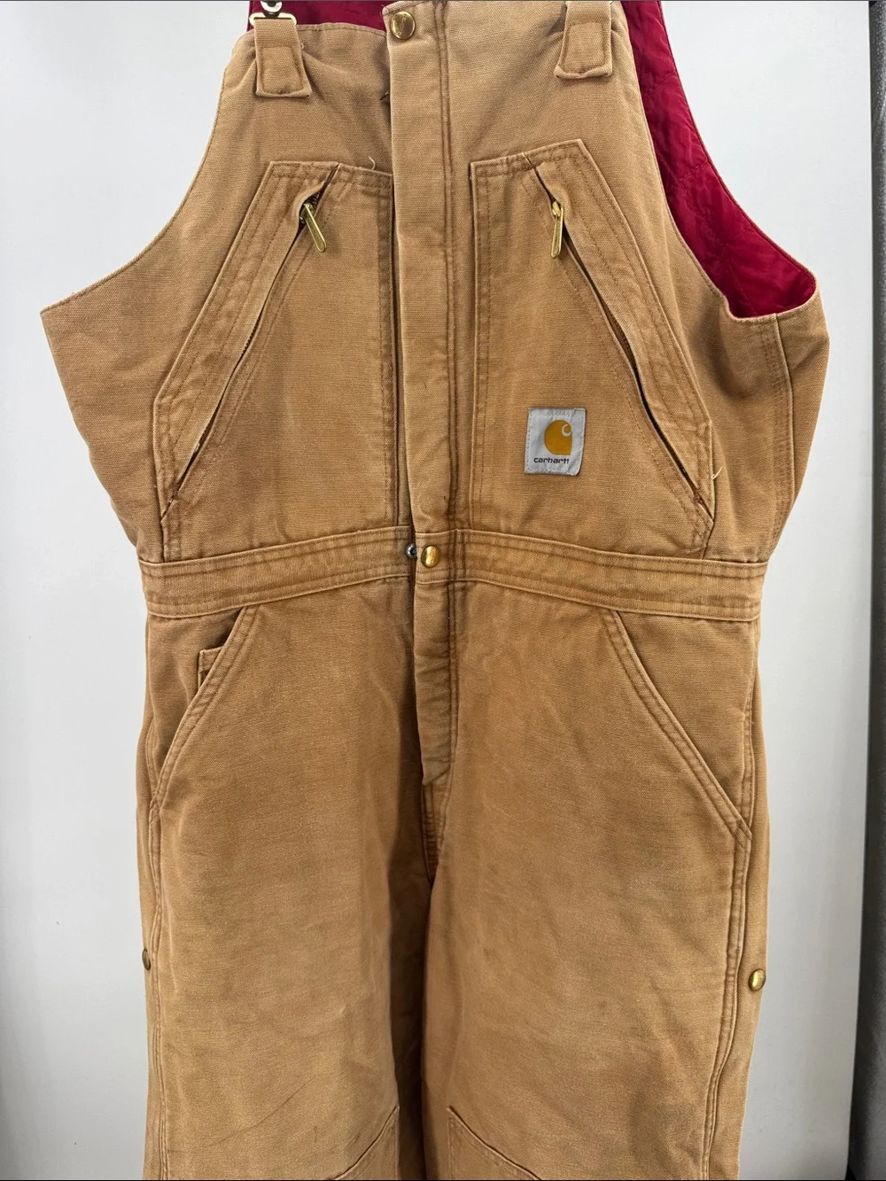 VTG CARHARTT QUILT LINED OVERALLS 36x34 ZIP side INSULATED BIB BROWN double knee